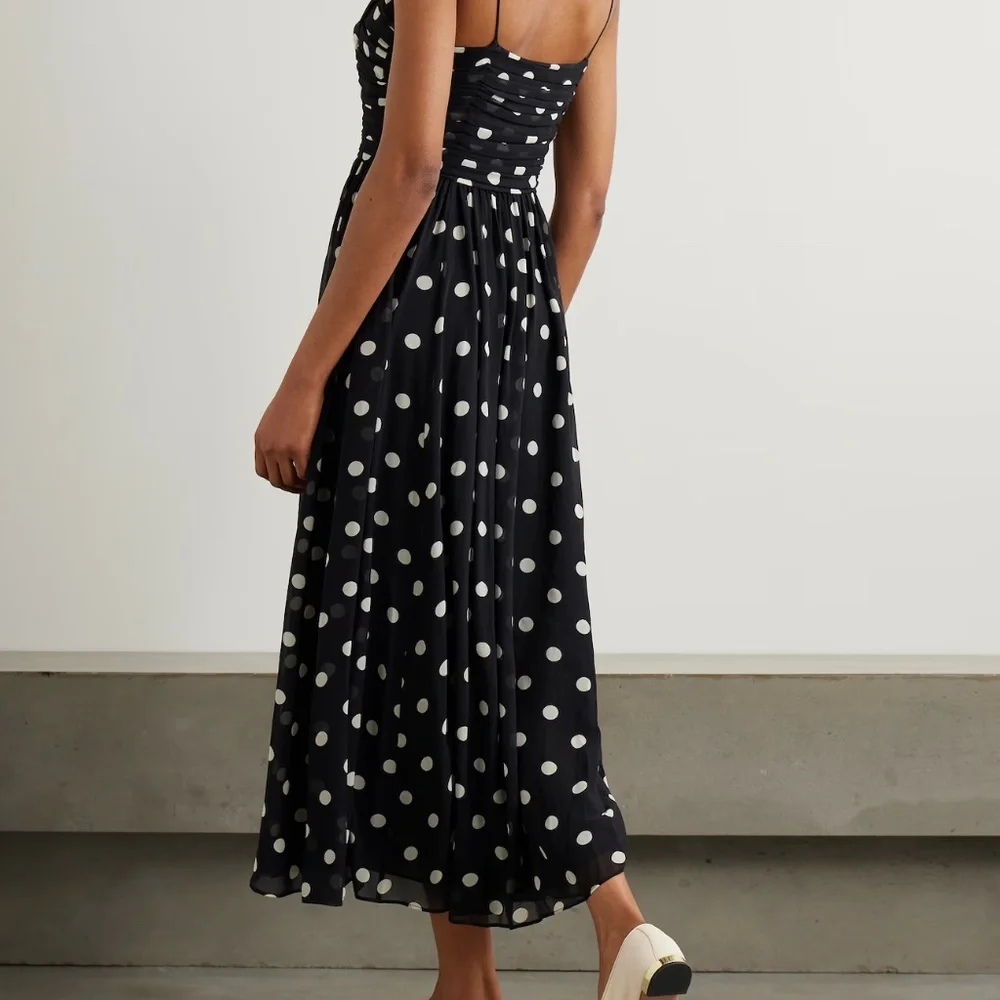 DÔEN Maryanna bow-detailed ruched polka-dot silk-georgette midi dress NWT - Picture 2 of 10
